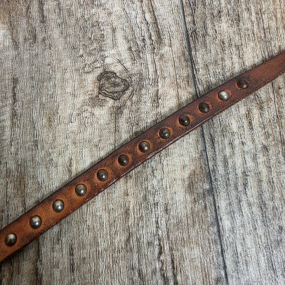 Y2K Brown Studded Leather Skinny Belt Boho Western Festival Distressed Vintage